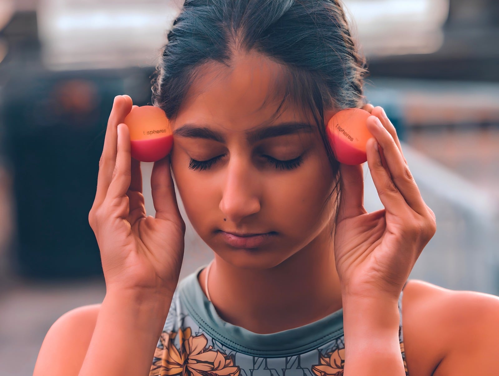 T'Sphere Athletics — athlete holding massage spheres to her temples