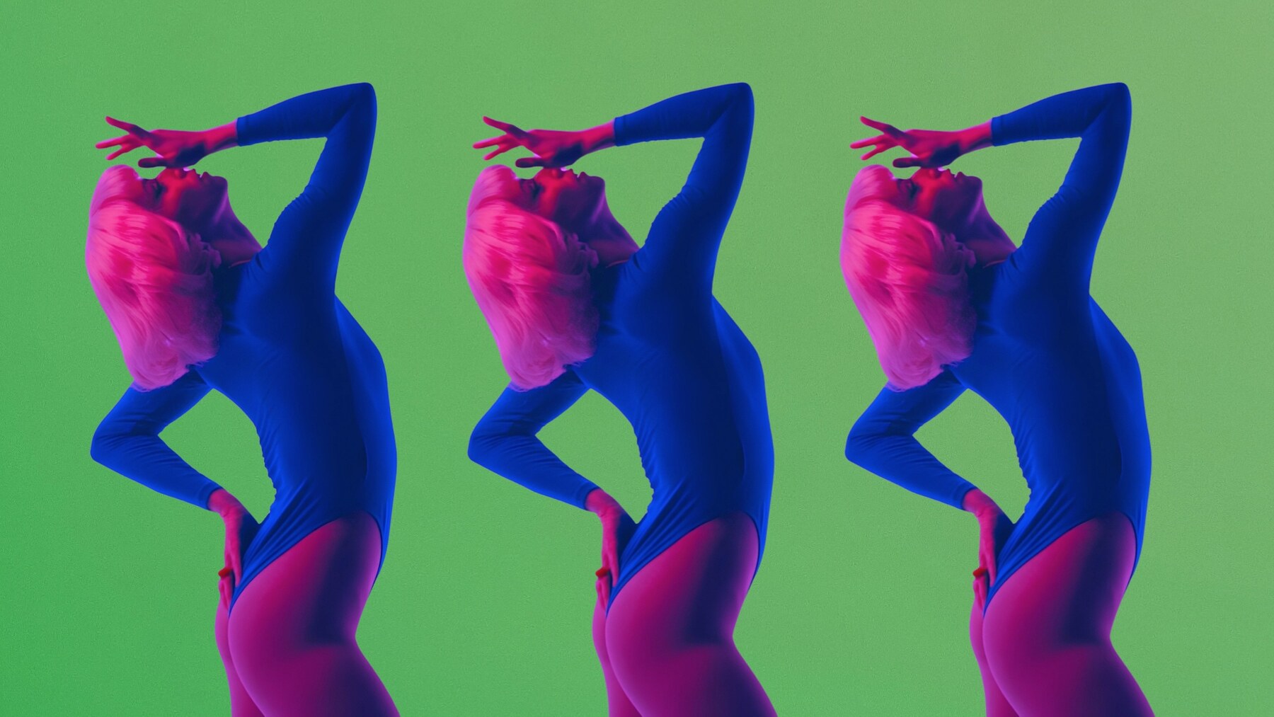 Doll — triptych of a dancer in a blue bodysuit against a green backdrop