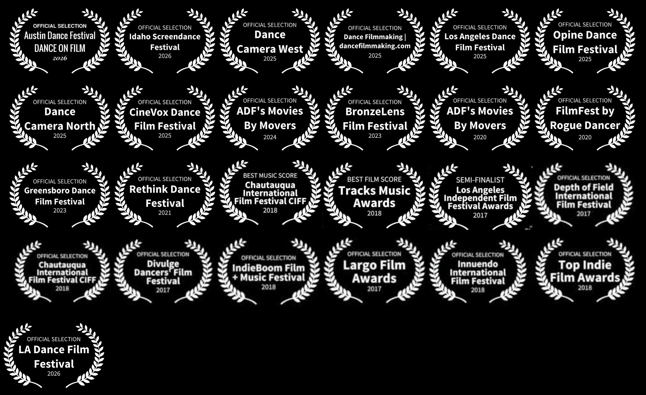 Festival laurels — official selections and awards including Austin Dance Festival, Dance Camera West, LA Dance Film Festival, BronzeLens, ADF's Movies by Movers, Tracks Music Awards, and more